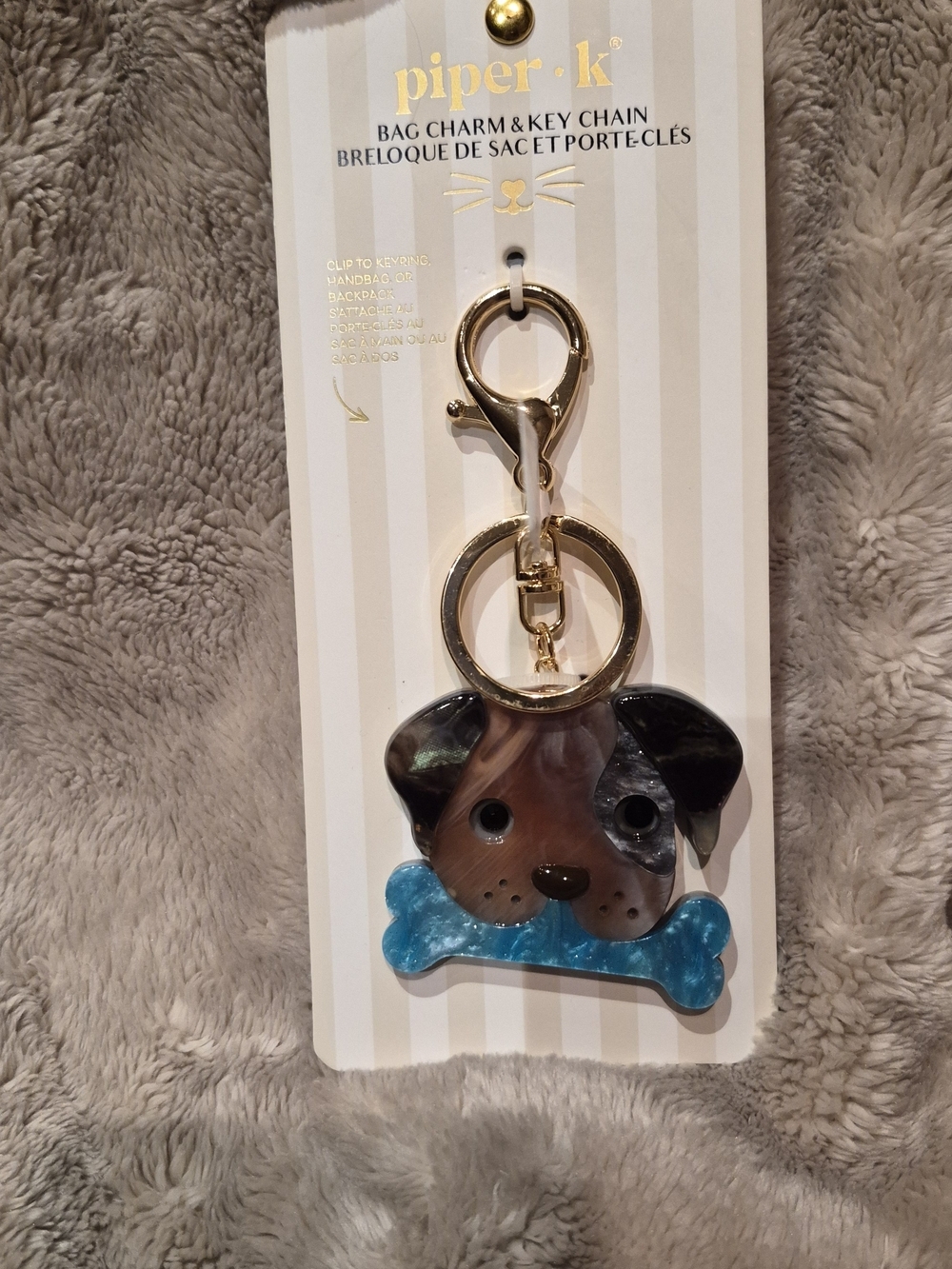Piper K - Gold-Tone Puppy Keyring Charm with BLUE Bone Accent